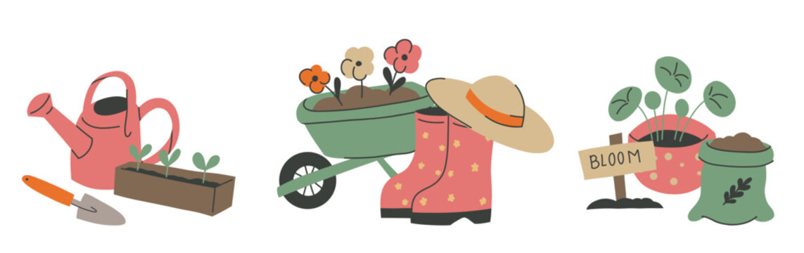 Vector set of gardening composition in a naive hand-drawn style. Hobby collection of clip arts. Gardening, floriculture and horticulture.