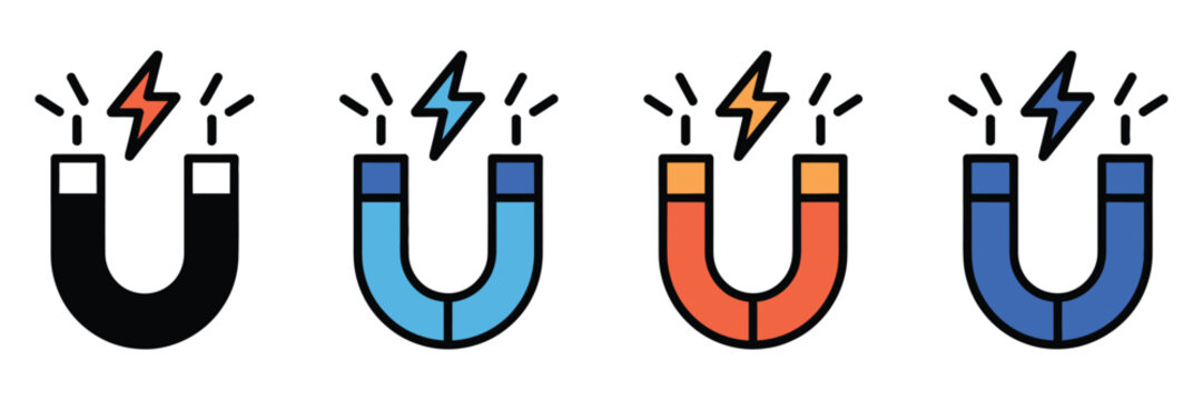 Magnet icon set representing magnetic attraction business lead generation and physics concepts in multiple styles vector illustration