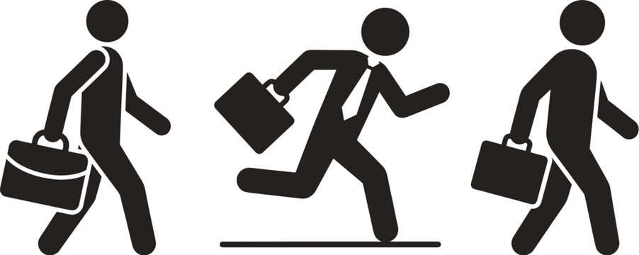 Businessman walking and running with briefcase silhouettes set isolated on white background vector illustration