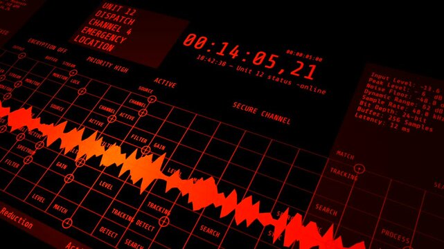 A red-themed 3D audio spectrum visualization interface displaying emergency police dispatch radio communication feeds, secure channel encryption, and tracking metrics.