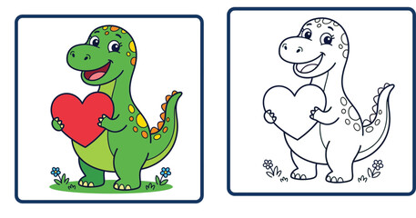 Fototapeta premium Cute Cartoon Dinosaur Holding a Red Heart Coloring Page for Kids with Color Sample and Outline Version Vector Illustratio
