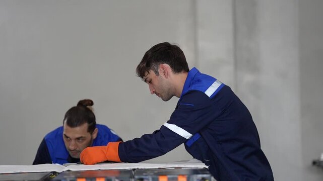 Mechanic worker in uniform using tool for vehicle repair service garage inspection with safety glove checking car hood in workshop