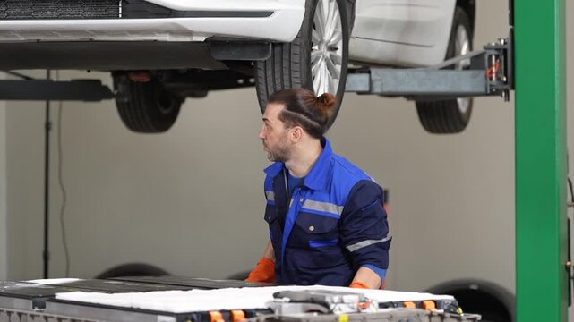 Mechanic car garage lift tire repair service workshop worker under raised vehicle inspecting battery maintenance task