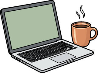 Fototapeta premium Laptop Computer with Steaming Coffee Cup, Remote Work Cartoon