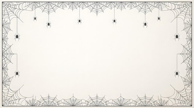 Minimalist Halloween border with hanging spiderwebs and stars on clean beige background with copy space