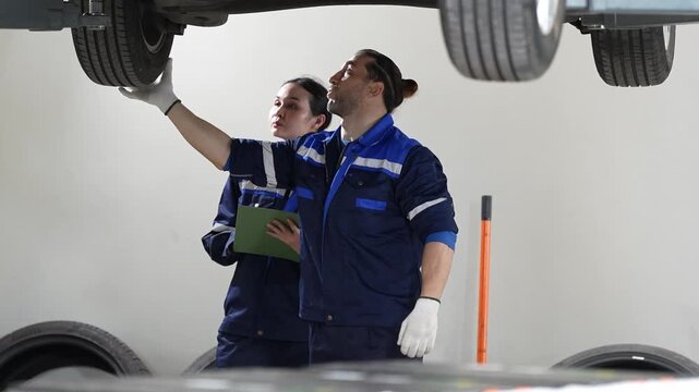 Car mechanic vehicle repair garage tire inspection workshop team checking lifted automobile wheel and undercarriage maintenance service