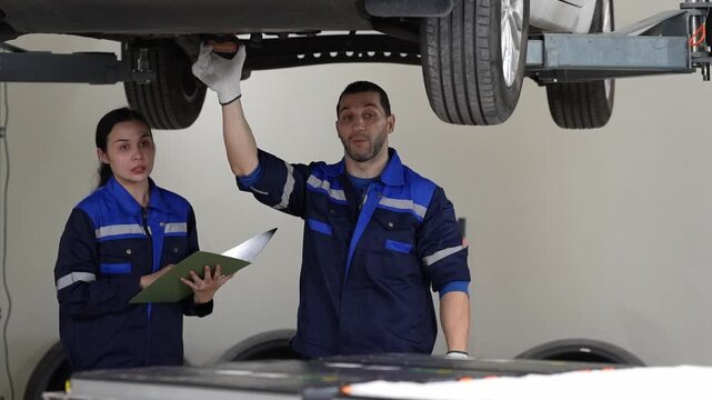 Car mechanic garage inspection vehicle lift tire repair team examines raised auto underbody with clipboard during service check