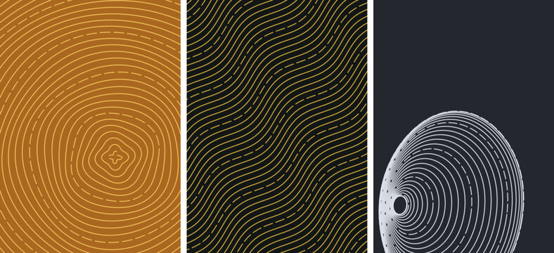 Abstract line flow poster set, 3 panels, concentric rings, wavy lines, grid distortion, optical line vector collection