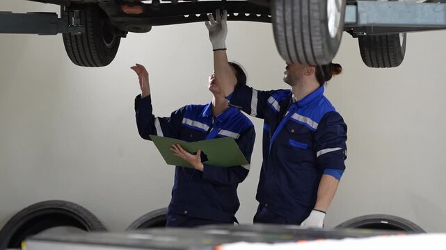 Car mechanic vehicle repair garage lift inspection tire workshop team checking underbody chassis with clipboard on raised auto shop lift