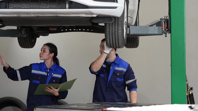 Mechanic car lift garage repair inspection worker uniform vehicle maintenance tire checklist raised automobile shop