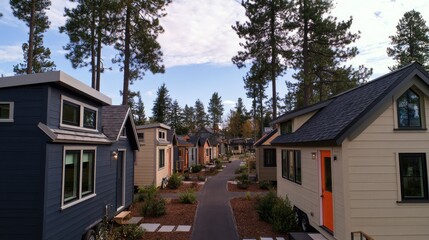 Naklejka premium A picturesque, tree-lined lane with colorful, compact dwellings