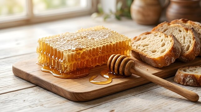 Fresh honeycomb with honey dipper and sliced bread on a wooden board