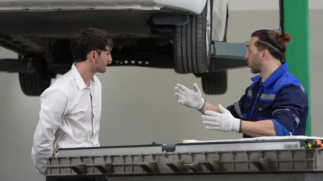 Car mechanic guides customer through repair garage vehicle inspection on lift with tire service diagnostic consultation workshop