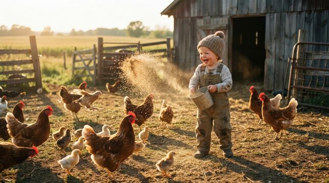 Happy young child in overalls feeding a flock of chickens on a sunny farm with rustic barn and fields