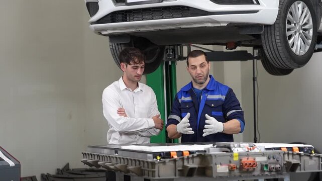 Car Mechanic Auto Repair Workshop Vehicle Lift Battery Inspection Service Near Raised Electric Car In Garage With Technician