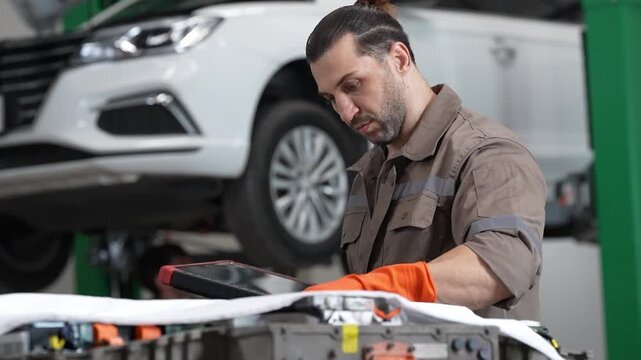 Mechanic car workshop vehicle repair tablet glove garage inspection technician diagnostic tool near lifted auto maintenance shop