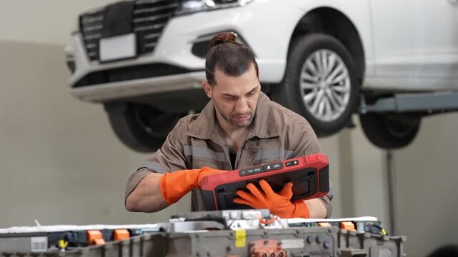 Car mechanic repair battery workshop glove vehicle service technician garage diagnostic tool electric hybrid maintenance safety male