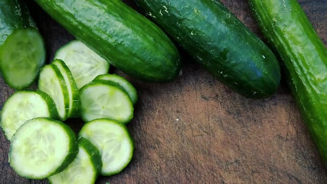 Fresh green cucumbers whole and sliced on rustic wooden cutting board close-up, top-view background