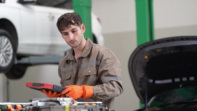 Mechanic car garage repair tool glove workshop vehicle service maintenance technician fixing auto part near lifted vehicle with open hood