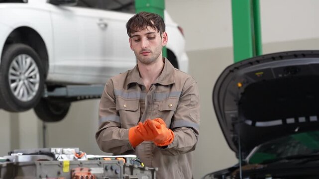 Mechanic car garage repair service with orange glove near open hood vehicle engine maintenance in auto workshop lift area