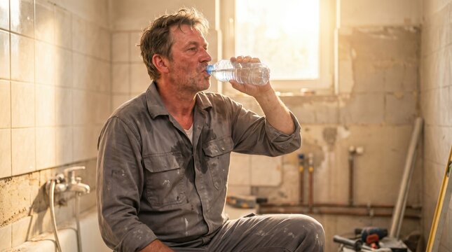 Thirsty male plumber drinking water in unfinished bathroom. Exhausted construction worker in sweaty coverall suffering from summer heat. Hydration concept