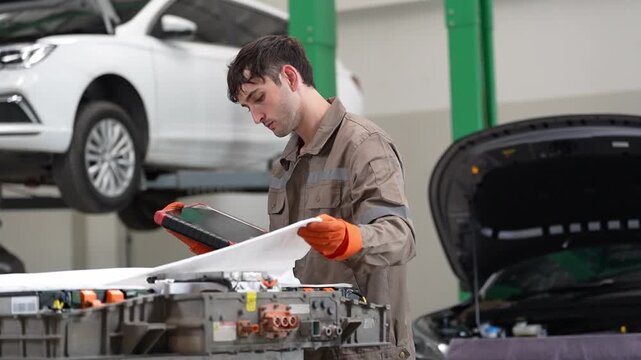 Mechanic car repair garage workshop engine glove technician inspecting battery during vehicle maintenance service with open hood