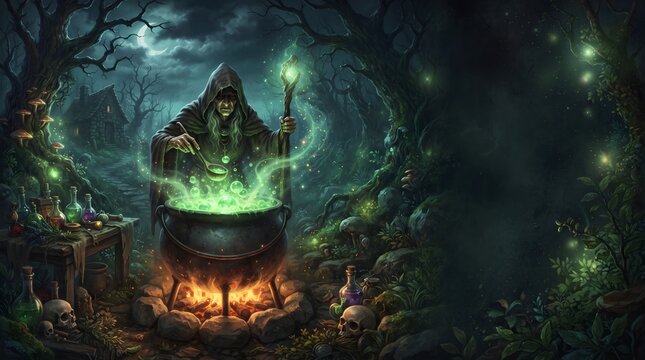 Spooky wizard brewing green magic potion in cauldron inside dark enchanted forest Halloween illustration