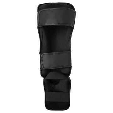 Black shin and instep guard for martial arts isolated on white background. Protective shin pads for Muay Thai, kickboxing, and MMA training, rear view