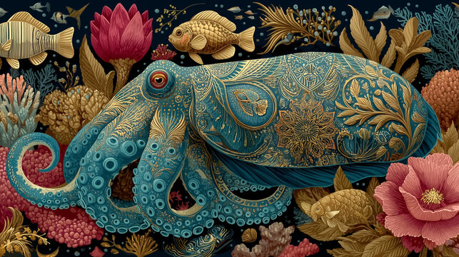 A giant octopus with ornate floral and geometric folk art ornaments, colorful coral garden, playful fish, underwater fantasy world