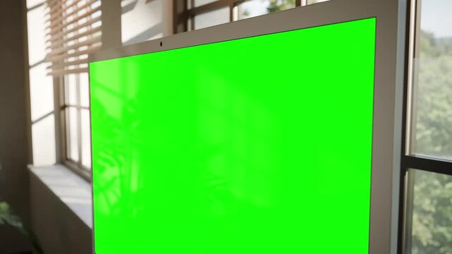 Desktop All in One Computer Green Screen Mockup in Bright Modern Office - Perspective Close Up View