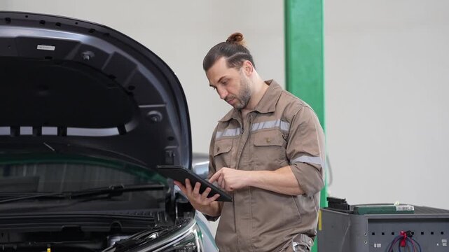 Mechanic with tablet in garage checks car engine under hood during inspection for vehicle repair service workshop maintenance