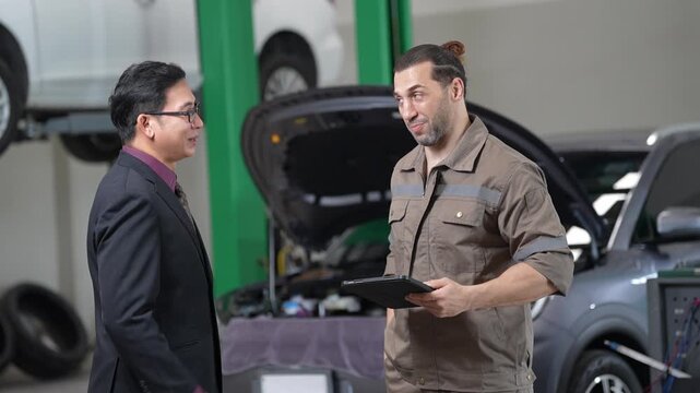 Mechanic customer conversation at garage for car repair service with tablet vehicle inspection discussion open hood handshake workshop