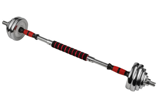 Chrome barbell assembled from adjustable dumbbell set isolated on white background. Convertible weight lifting barbell with connecting bar for home strength training