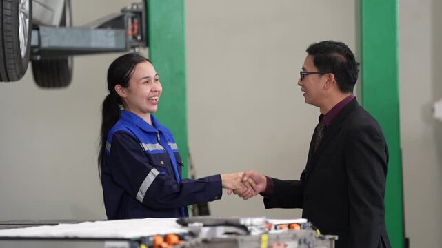Mechanic Customer Handshake Car Repair Garage Service Woman Greeting Client Near Vehicle Lift Auto Workshop Agreement