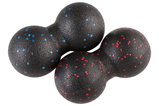 Black EPP foam peanut massage balls isolated on white background. Speckled double lacrosse massage roller for spine relaxation and muscle recovery