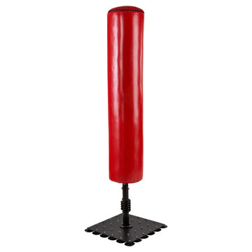 Red freestanding punching bag isolated on white background. Heavy boxing bag on suction cup base for kickboxing, mma, and martial arts training