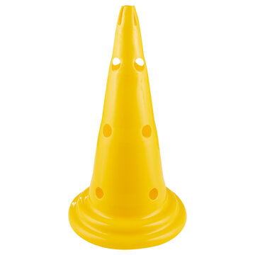 Yellow sports agility cone with holes isolated on white background. Multi purpose training marker cone for obstacle course and hurdle setup