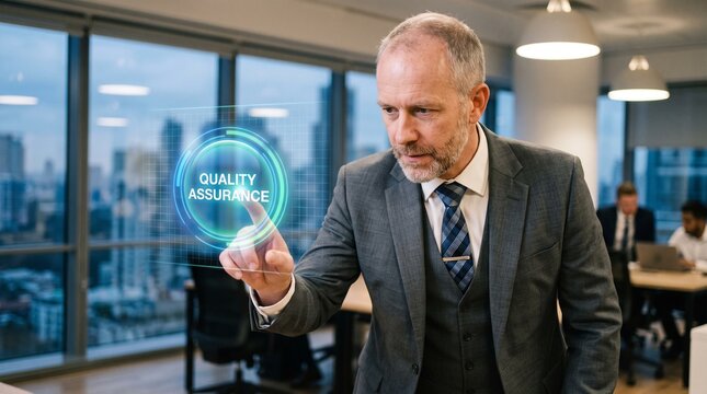 The businessman presses the virtual Quality Assurance button