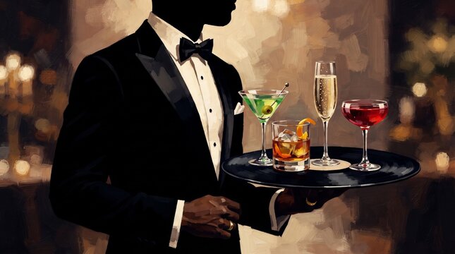 Elegant waiter serving champagne and wine on a tray at a restaurant celebration with guests toasting, glasses raised for a festive dinner party and business event
