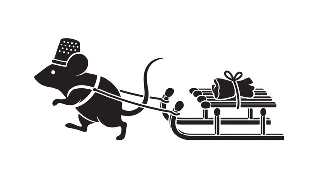 Mouse Wearing a Hat Pulling a Sleigh with a Gift Box Illustration Featuring Holiday, Festive, Christmas with Present and Delivery
