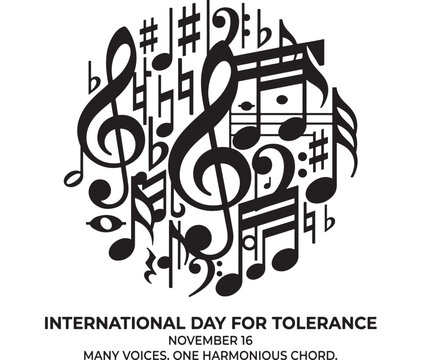 International Day for Tolerance Musical Notes Illustration with Text and Date November 16 Featuring Music, Harmony, Chord
