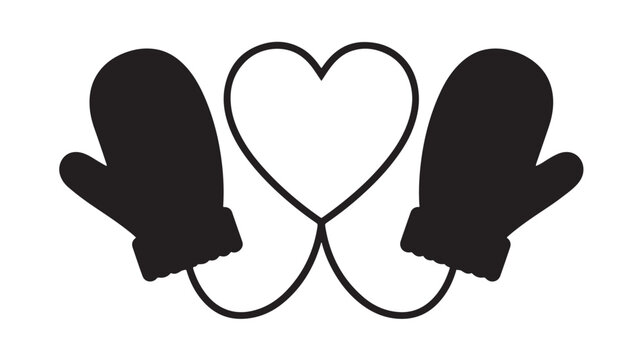Mittens Forming a Heart Shape, Black and White Illustration of Love and Warmth Featuring Winter, Gloves, Hand with Symbol