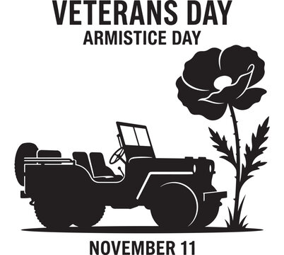 Tractor with Poppy Flower Veterans Day Armistice Day November 11 Remembrance Military Symbol Black and White Illustration
