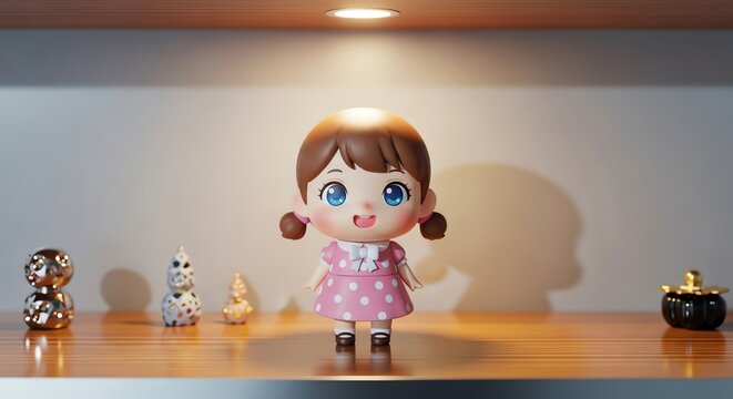 Adorable cartoon girl figurine in pink polka dot dress on wooden shelf