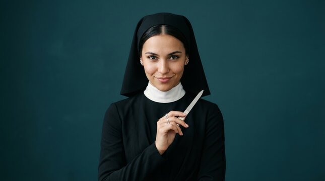 Confident young nun holding a metal nail file against a dark teal background with generous copy space
