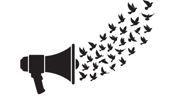 Megaphone with Flying Birds Illustration for Communication and Freedom Concept Featuring Vector, Black, White with Symbol