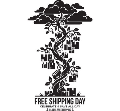 Free Shipping Day Tree with Packages Illustration Concept Featuring Celebration, Save, Global with Anchor and Vector Elements