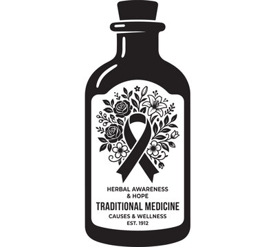 Bottle with Ribbon and Floral Design Representing Traditional Medicine and Herbal Awareness Featuring Hope, Wellness, Causes