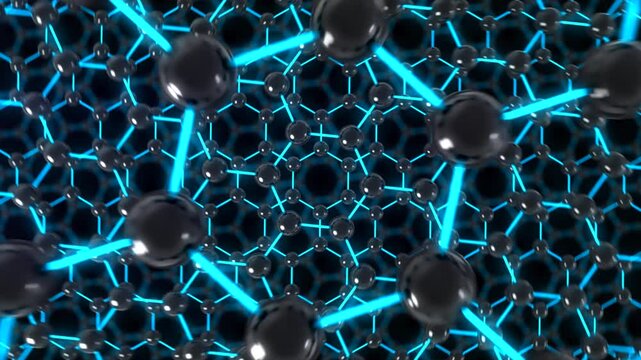 Graphene Nano Material Technology Loop Pass through Neon Rotate. This zoom in nano technology looping 3D animation represents engineering at the molecular level. It can also be reversed to zoom out.