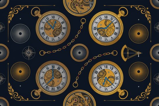 Seamless pattern featuring vintage golden pocket watches with intricate gears, chains, and decorative scrollwork on a dark navy blue background
